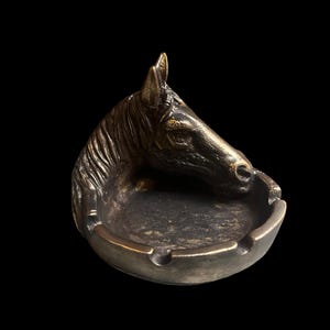 Brass Horse Ashtray, Equestrian Head Statue, Metal Cigar / Coin Holder, Man Cave Decor, Old Money Aesthetic