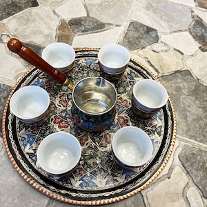 Unique Copper and Porcelain Coffee Set For 6 Person, Handmade Luxury Copper Espresso Set with Round Tray and Coffee Maker Pot,