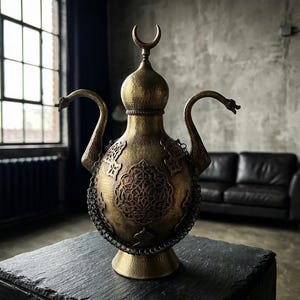 Könnte beinhalten: Verziertes dekoratives Messing-Kännchen mit einer Halbmond-Finial. Das Gefäß weist aufwendige geprägte Muster und gebogene Ausgüsse mit drachenartigen Köpfen auf. Ein Kettendetail umrundet den Körper, und es steht auf einer dunklen Steinoberfläche.