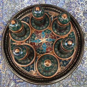 Unique Turkish Tea Set, For 6 Person,  Hand Painted and Varnished Copper Tea Serving Set with a Gorgeous Tray, Tea Service, Moroccan Tea Set