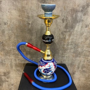 Elegant Black and Blue Ceramic Hookah with Vintage Design, Brass and Ceramic Hookah Set, Ceramic Water Pipe, Unique Gift for Smokers
