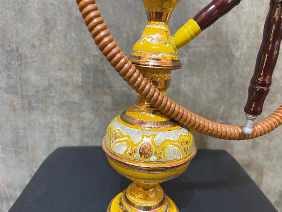 Handmade Yellow Copper Hookah, Hand Painted Turkish Hookah Set