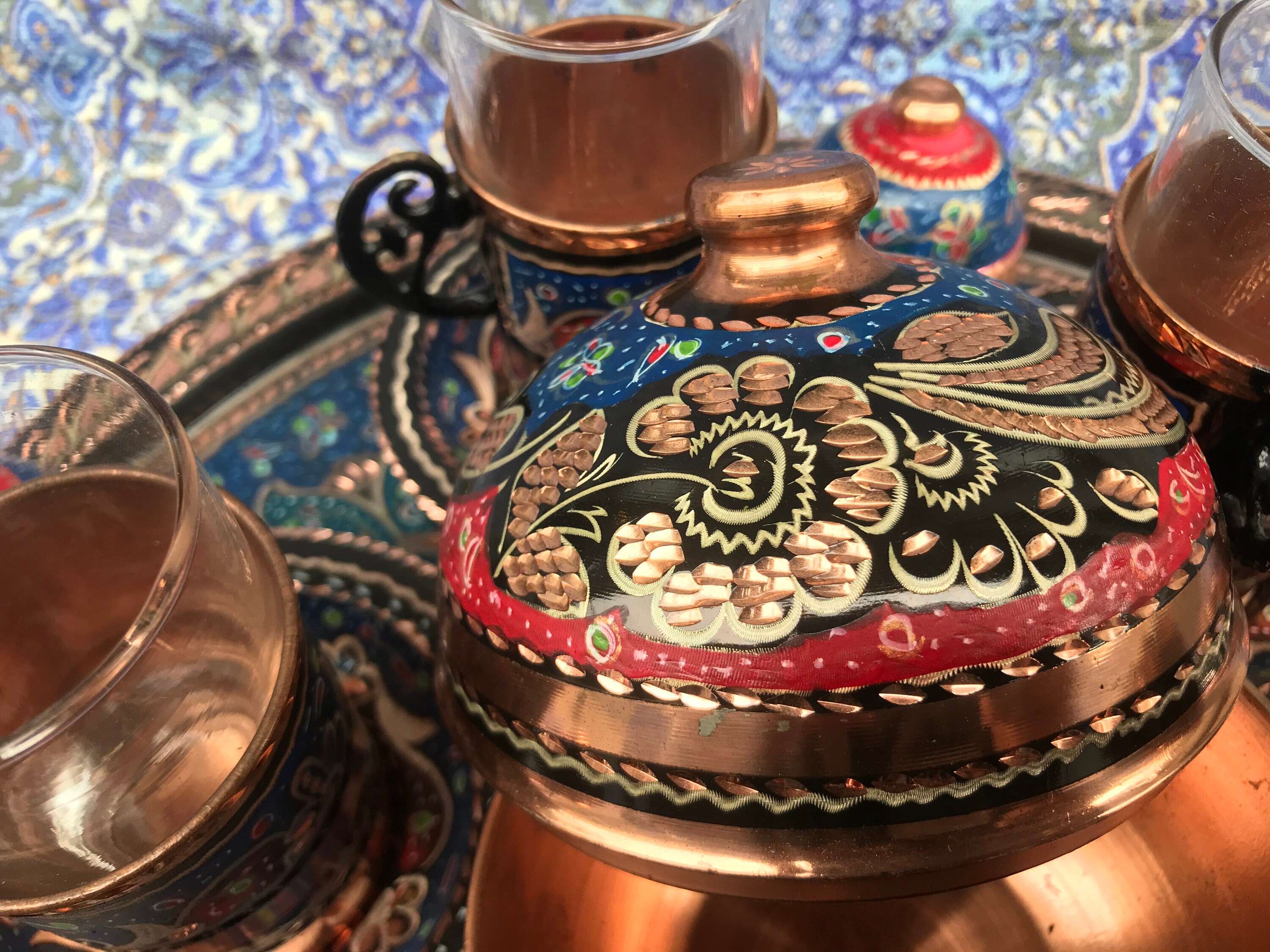 Turkish Tea Serving Set With Colorful Tray for 6 Copper Tea Etsy UK