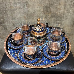 Stylish Colorful Tea Serving Set for 6 Person, Hand Painted Copper Tea Set with Decorative Tray, Inlaid Coffee Tray, Luxury Table Decor