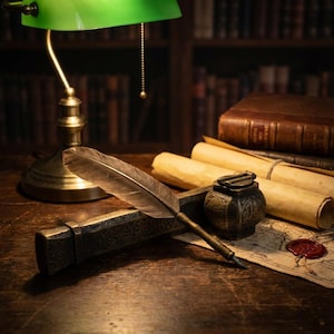 Peut inclure: Une scène de bureau vintage avec une lampe en laiton à abat-jour vert, une plume et un encrier. La plume repose sur un porte-plume décoratif, avec des parchemins roulés et un livre en arrière-plan. Un sceau de cire est visible sur une carte.