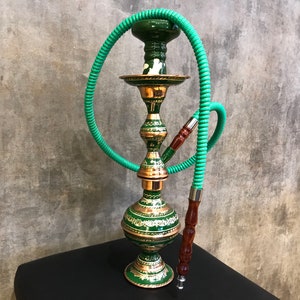 Unique Green Elegant Turkish Hookah Set, Hand Painted Green Copper Hookah, Carved Shisha, Decorative Nargile, Unique Gift for Him