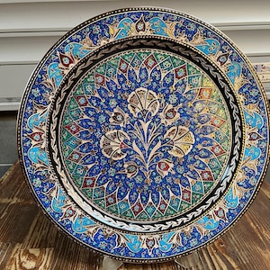 Hand Carved Turkish Copper Plate: Colorful Inlaid Wall Decor