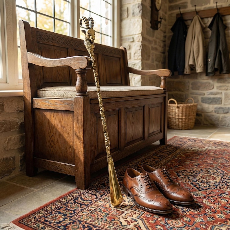 May include: A wooden bench with a carved back and arms, a brass shoehorn with a ram's head, and a pair of brown leather dress shoes on a patterned rug. The shoehorn is leaning against the bench. The room has a stone wall and a window.