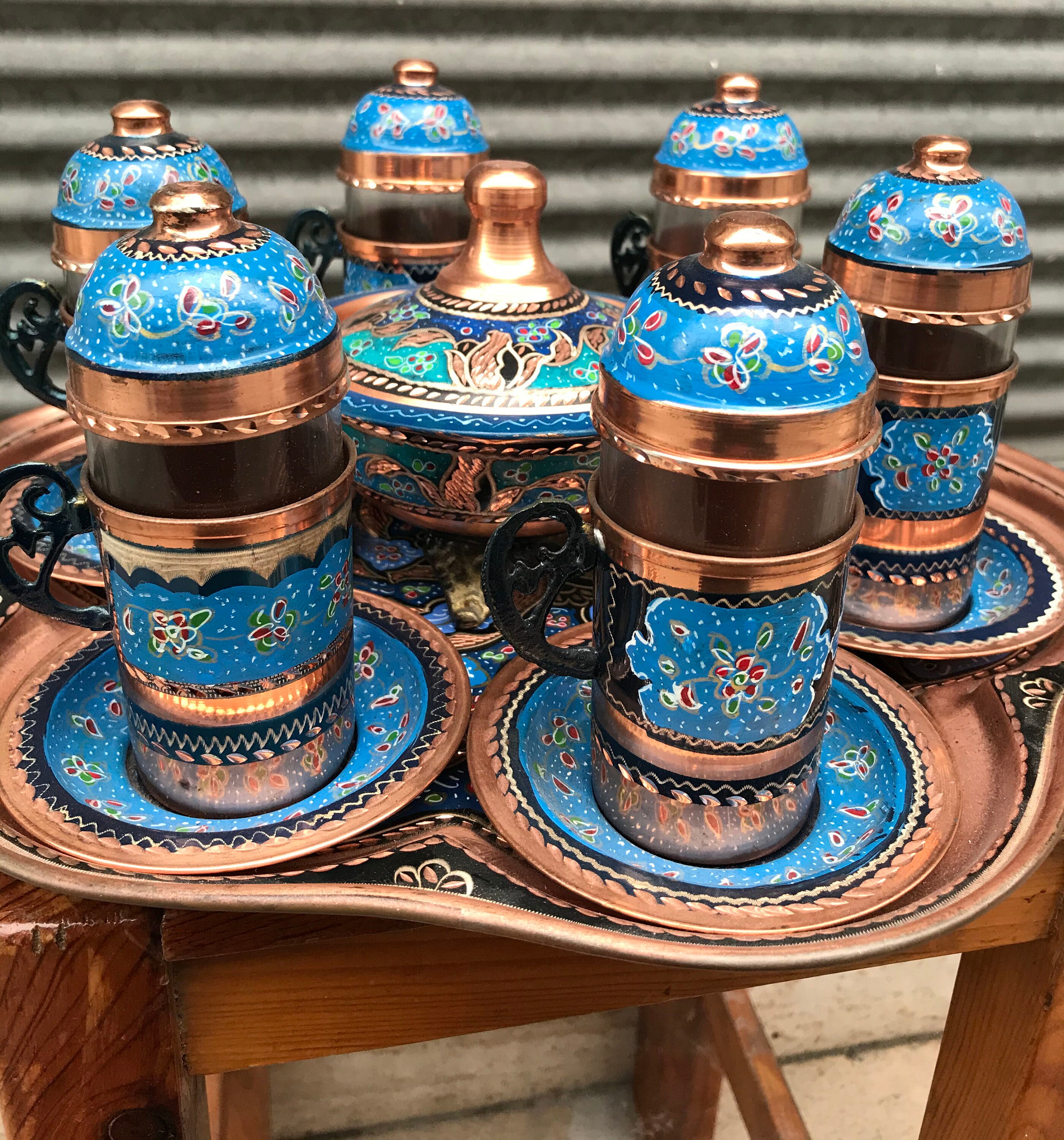 Turkish Tea Set for 6 Hand Painted and Varnished Copper Tea Etsy