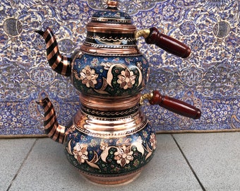 Blue And Green Floral Carved Copper Tea Pot Set with Lids, Hand Painted and Engraved, Copper Samovar, Turkish Tea Maker, Tea Lover Gift