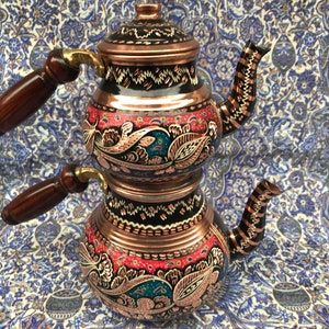 Bollitore da tè in rame fatto a mano con manici in legno, set da tè, dipinto e inciso a mano, set di samovar turco, teiera in rame, set per la preparazione del tè