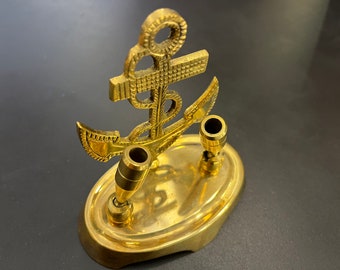 Vintage massief messing potloodhouder, maritiem decor, visitekaartjeshouder voor bureau, uniek bureaudecor, decor ankercadeau, cadeau voor marine