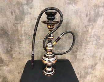 Premium zwarte waterpijpset, gesneden koperen waterpijp, handgemaakte gegraveerde unieke shisha, decoratieve narghile, cadeau voor thuis, premium cadeau voor hem