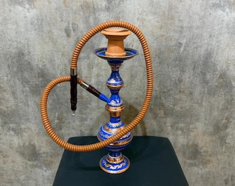 Gesneden donkerblauw ingelegde waterpijpset, gegraveerde Turkse koperen waterpijp waterpijp, decoratieve narghile, handgemaakt huiscadeau, premium cadeau voor hem