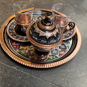 Handmade Copper Tea Serving Set for 2 Person, Hand Painted Varnished Copper Tea Set with Decorative Tray, Turkish Tea Service Luxury Tea Set