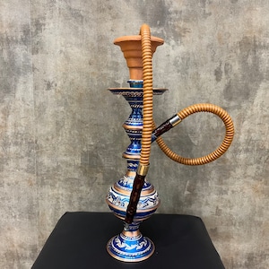 Carved Blue Inlaid Hookah Set, Engraved Turkish Copper Sisha Water Pipe, Decorative Nargile, Blue Cafe Decor, Unique Gift for Him