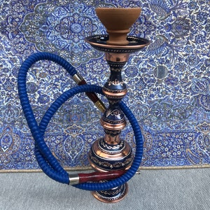 Carved Dark Blue Inlaid Hookah Set, Engraved Turkish Copper Hookah Water Pipe, Decorative Narghile, Handmade Home Gift, Premium Gift for Him