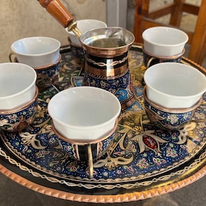 Hand Carved Gift for Coffee Lovers, Premium Copper and Ceramic Espresso Service Set For 6, Handmade Luxury Coffee Set with Unique Tray