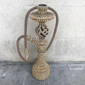 Full Handmade Shining Gold Luxury Hookah Set, Unique Gold Spikes and Swarovski Crystals Coated Water Pipe, Decorative Large Nargile