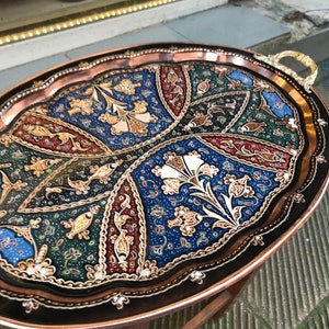 Full HANDMADE Metal Tray, Copper Bed Tray, Hand Painted and Engraved with Handles, Unique Copper Decor, Home Decor Gift, Luxury Oval Tray