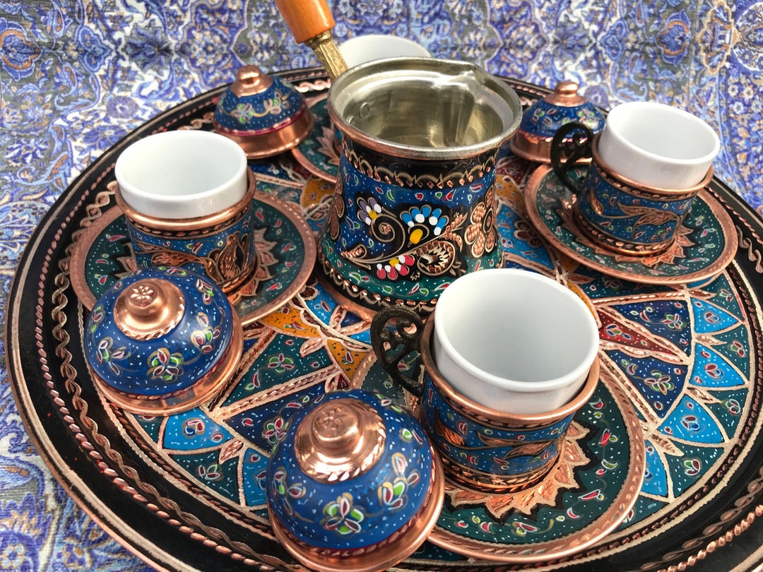 Hand Painted Turkish Coffee Set for 4 Person, Handmade and