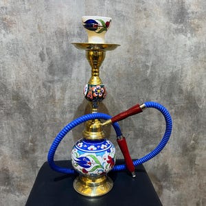 Elegant Ethnic Ceramic Hookah with Vintage Flower Design, Brass and Ceramic Hookah Set, Ceramic Water Pipe, Unique Floral Gift for Smokers