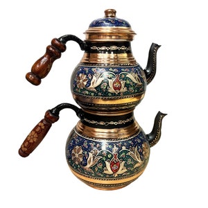 Colorful Copper Tea Pot Set, Handmade Turkish Teapot, Hand Painted Pot, Boho Kitchen Decor, Samovar Turkish Kettle, Gift for Housewarming