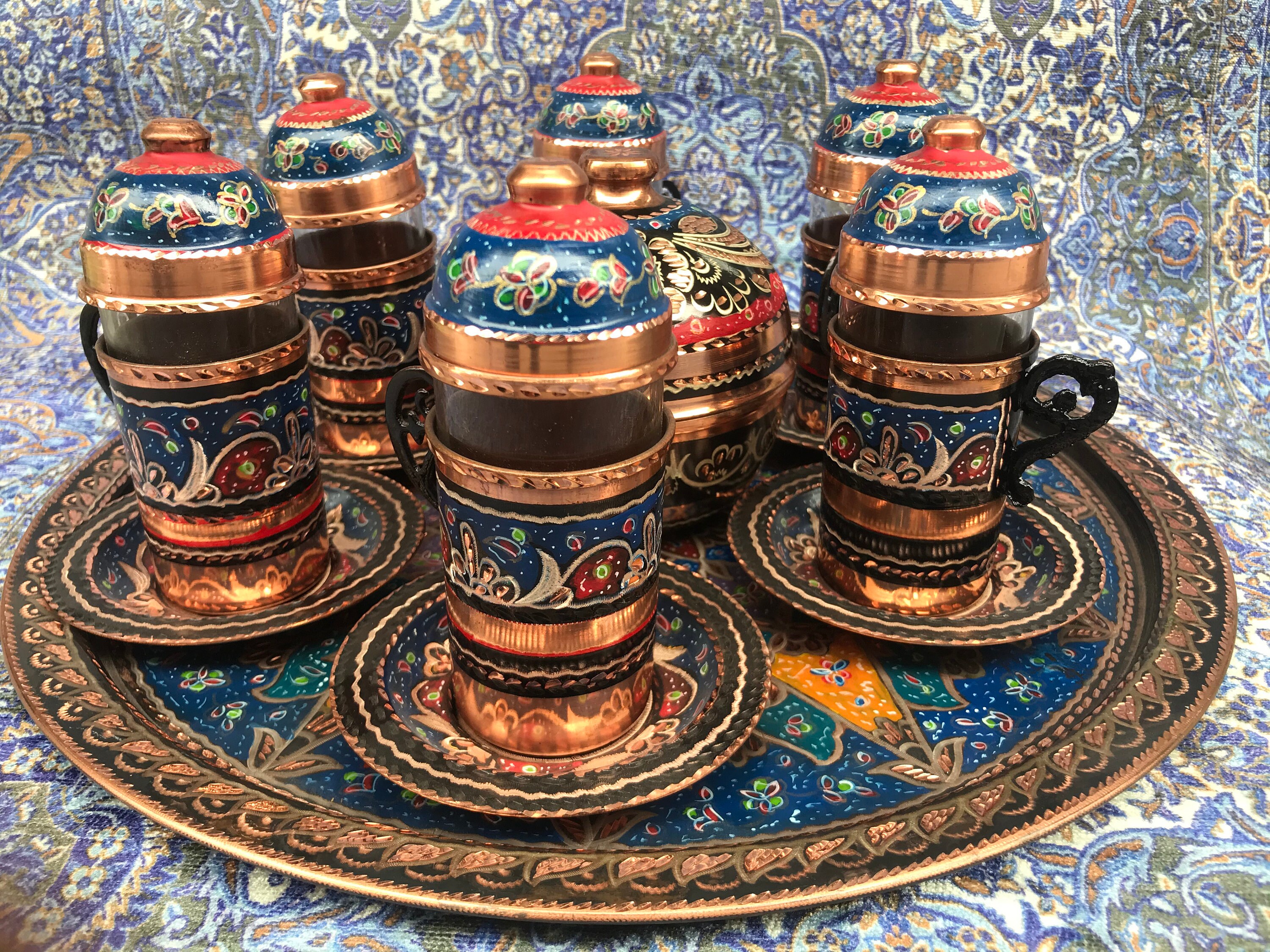 Turkish Tea Serving Set With Colorful Tray For Copper Tea Etsy Uk