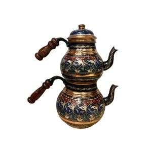 Tea Kettle Copper, Tea Floral Samovar with Wooden Handles, Hand Carved and Painted Turkish Kettle, Copper Tea Maker Set, Floral Service Pot