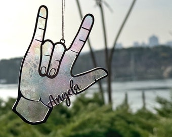 Personalisierte ASL Ich liebe dich Ornament, Gebärdensprache Ornament, Suncatcher Buntglasfenster