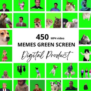 Puede incluir: Imagen de un producto digital que presenta una cuadrícula de varios memes y videoclips sobre un fondo de pantalla verde. El texto central dice "450 MP4 video MEMES GREEN SCREEN Digital Product".