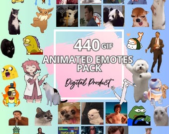 May include: A collage of 440 animated GIF emotes, featuring a variety of characters, animals, and objects. The emotes are arranged in a grid pattern on a pink and blue background. The text "440 GIF ANIMATED EMOTES PACK" is displayed in a large font at the top of the collage. The text "Digital Product" is displayed in a smaller font below the emotes.