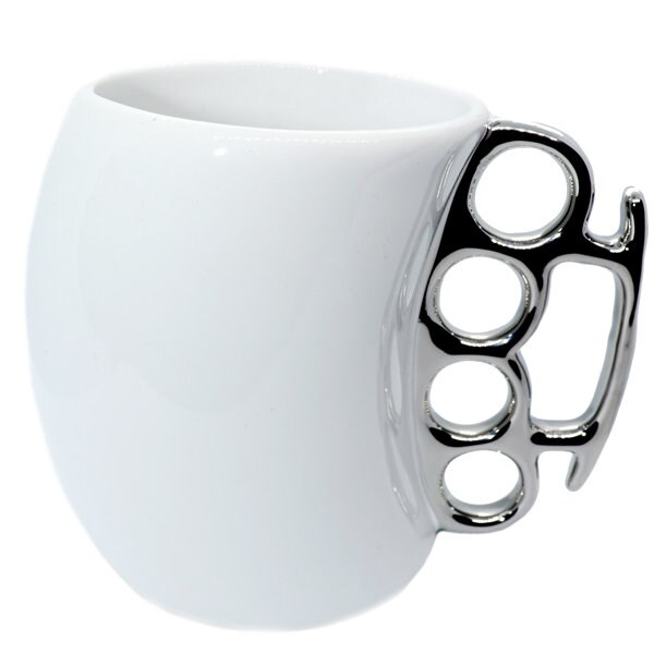 Fisticup Brass Knuckles Coffee Mug With Silver Knuckle Handle, 12 Oz