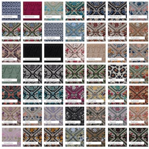 May include: A grid of 48 fabric swatches, each with a unique knitted pattern and color scheme. Colors range from deep reds and blues to softer pastels and earth tones. Each swatch has a name label.