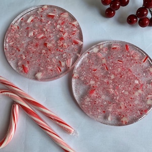 Holiday Coaster Set, Set of 2 Christmas Coasters, Christmas Table Decor, Christmas Gift, Resin Coaster Holiday Gift, Candy Cane Home Decor