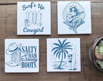 Coastal Cowgirl Drink Coasters Set, Beach House Decor Gift, Coastal Cowgirl Decor, Surf Hat Boots Bachelorette Favor, Set of 4 Drink Coaster