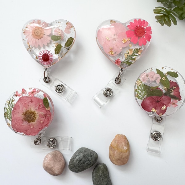 Pressed Pink Flower Badge Reel, Cute Nurse or Teacher Gift, Handmade Floral Resin ID Holder, Botanical Gift, Unique Floral Office Accessory