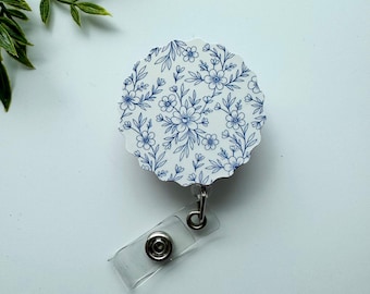 Cute Custom Blue Floral Badge Reel, Retractable Badge Holder, Tolie De Jouy Badge Reel, Medical Grad Gift, Gift for Nurses, Healthcare Gift