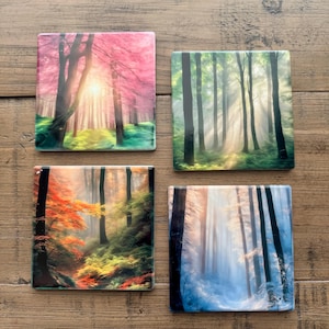 May include: Set of four square coasters, each featuring a different forest scene. The images depict trees in various seasons, with vibrant colors and sunlight filtering through the leaves. Coasters are made of a glossy material.