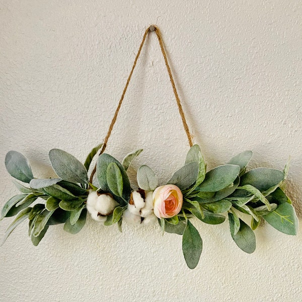 Bohemian wall hanging, spring wreath, summer wreath, fall minimalist wreath, triangle wreath, lambs ear, cotton, ranunculus modern wreath