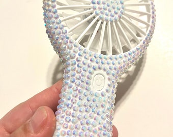 White bedazzled fan, handheld fan, bling personal fan, glam portable fan, rhinestone fan,