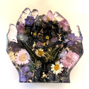 Floral Resin hands dish, floral resin trinket tray, resin trinket dish, giving hands dish, resin ring dish