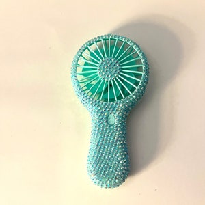 Blue bedazzled fan, rechargeable handheld fan, bling personal fan, glam portable fan, rhinestone fan,