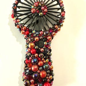 Red black pearl bedazzled fan, handheld fan, bling personal fan, glam portable fan, rhinestone fan, rechargeable, USB