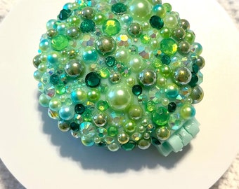 Green bedazzled compact mirror/brush, pearl bling brush, rhinestone brush, rhinestone mirror, glam brush, glam mirror