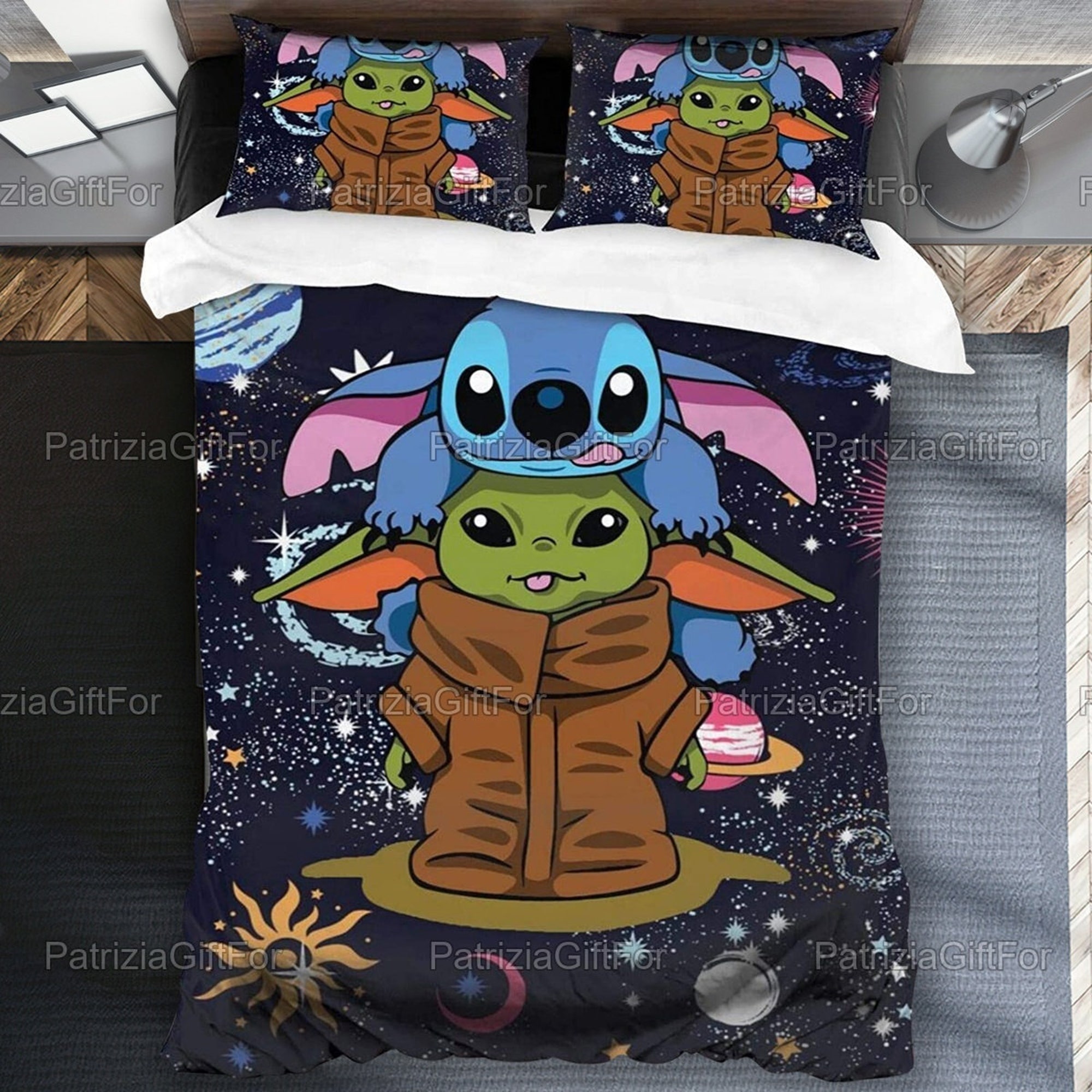Stitch Baby Yoda Bedding Set And Two Pillow Case, Baby Yoda Bedding, Stitch Bedding, Stitch Lover, Gifts For Her, Mother Gift LNG252201A11