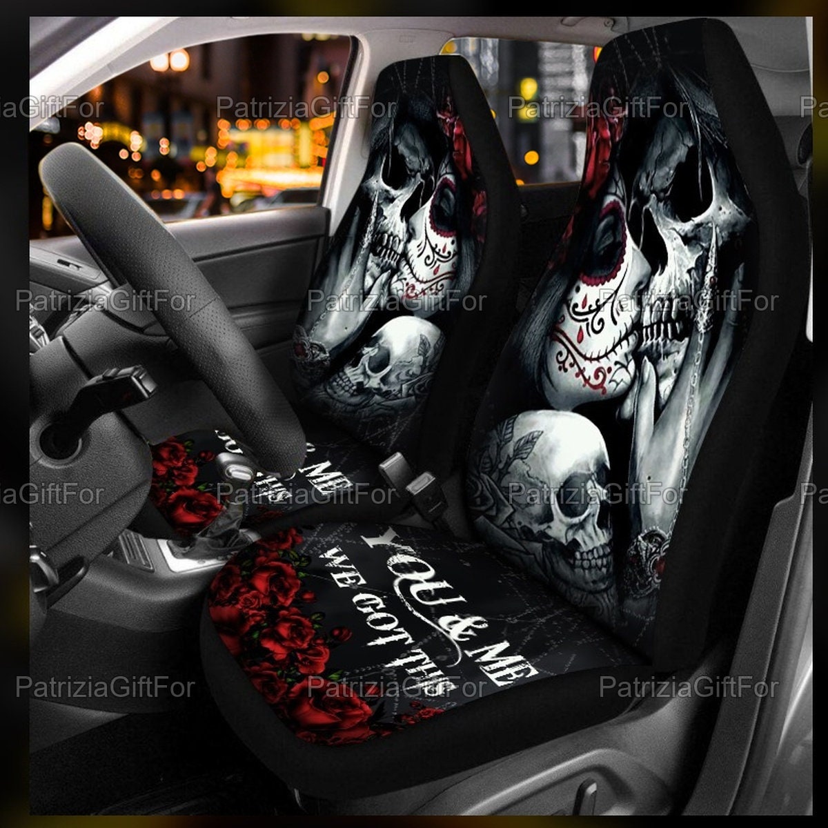Midbeauty Puerto Rican Flag Skull Front Car Seat Covers Set Vehicle Seat Protector Car Mat Covers 