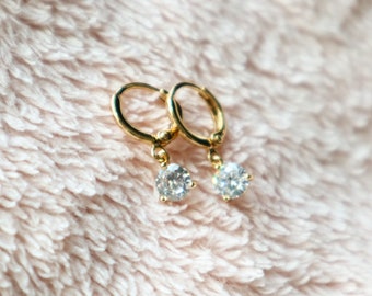 Diamond Huggies, Diamond Hoop Earrings, Tiny Charm Hoop, Dangle Diamond