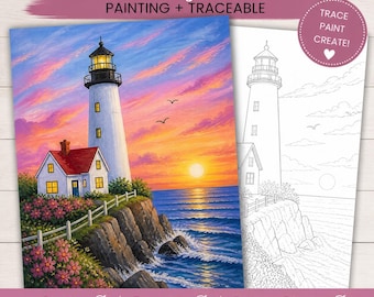 Tutorial de pintura de paisaje marino con faro, kit de acrílico para principiantes, lienzo para calcar (descarga digital)