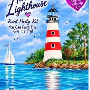 May include: A Harbor Lighthouse Paint Party Kit featuring a painting of a red and white lighthouse on a rocky shore, a sailboat on blue water, and a blue sky with clouds. The text reads Harbor Lighthouse, Paint Party Kit, You Can Paint This! Give It a Try!, Complete Beginner Painting Kit!, and PAC Purely Amazing Creations by Shellie.